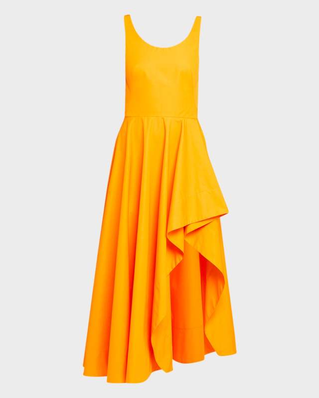 Poplin Midi Dress with Asymmetric Ruffle Slit